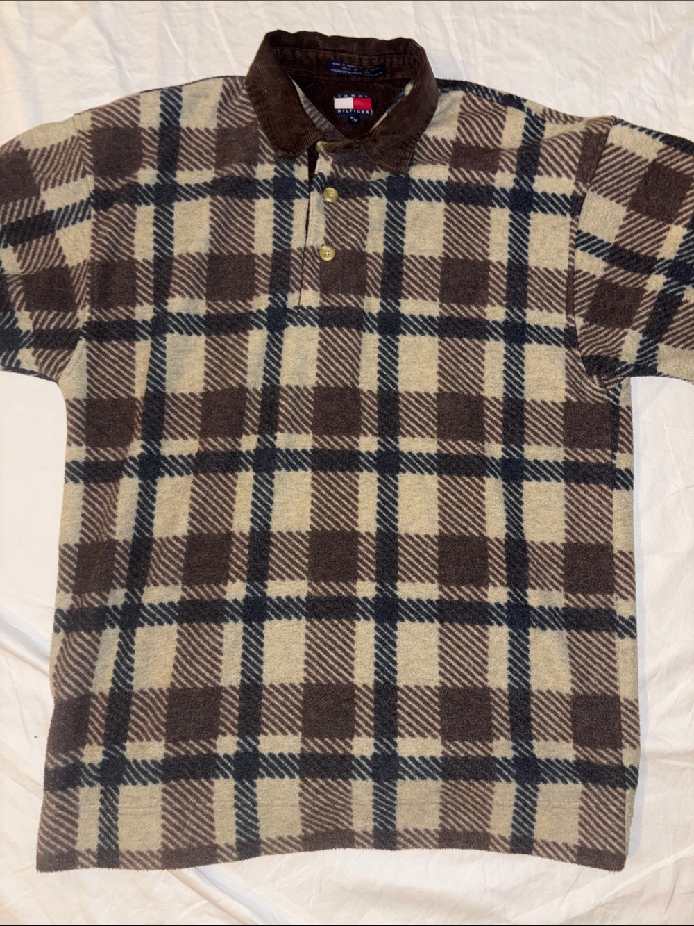 Tommy Hilfiger Vintage Plaid Fleece Corduroy Collar Polo Shirt - Medium